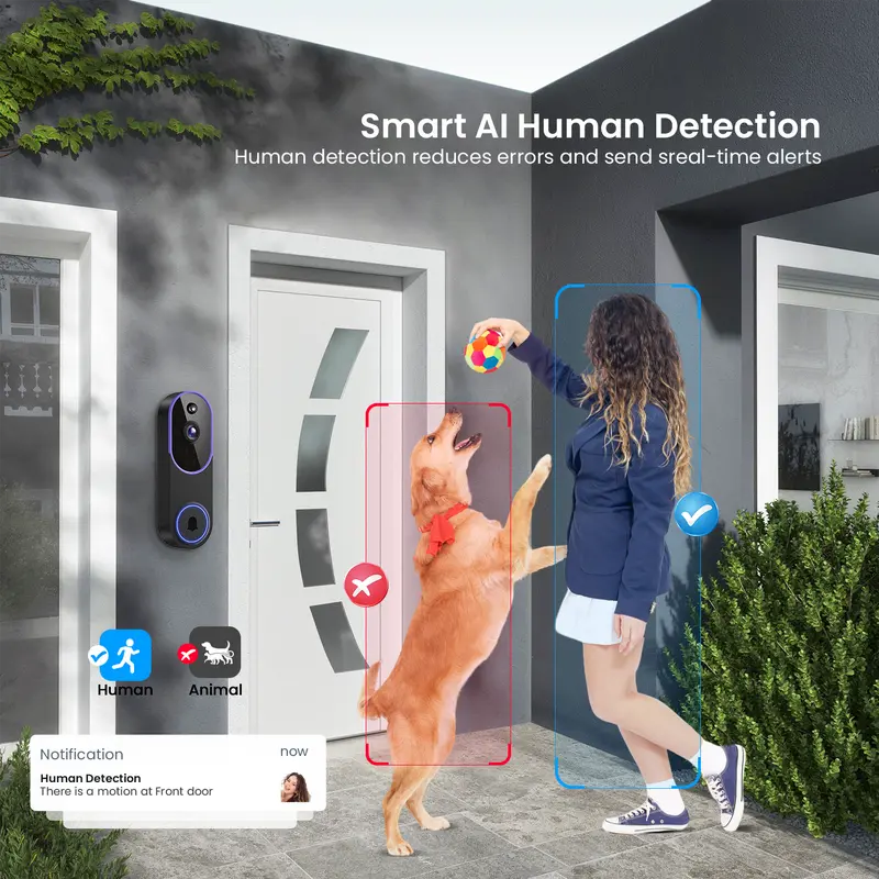 Wireless Video Doorbell Camera, Smart Security Doorbell Camera, 1080P, AI Human Detection , Night Vision, Instant Alert, Two Way Audio, 2.4G WiFi Only, Simple Installation and Rechargeable Battery, Cloud Storage, WiFi Camera