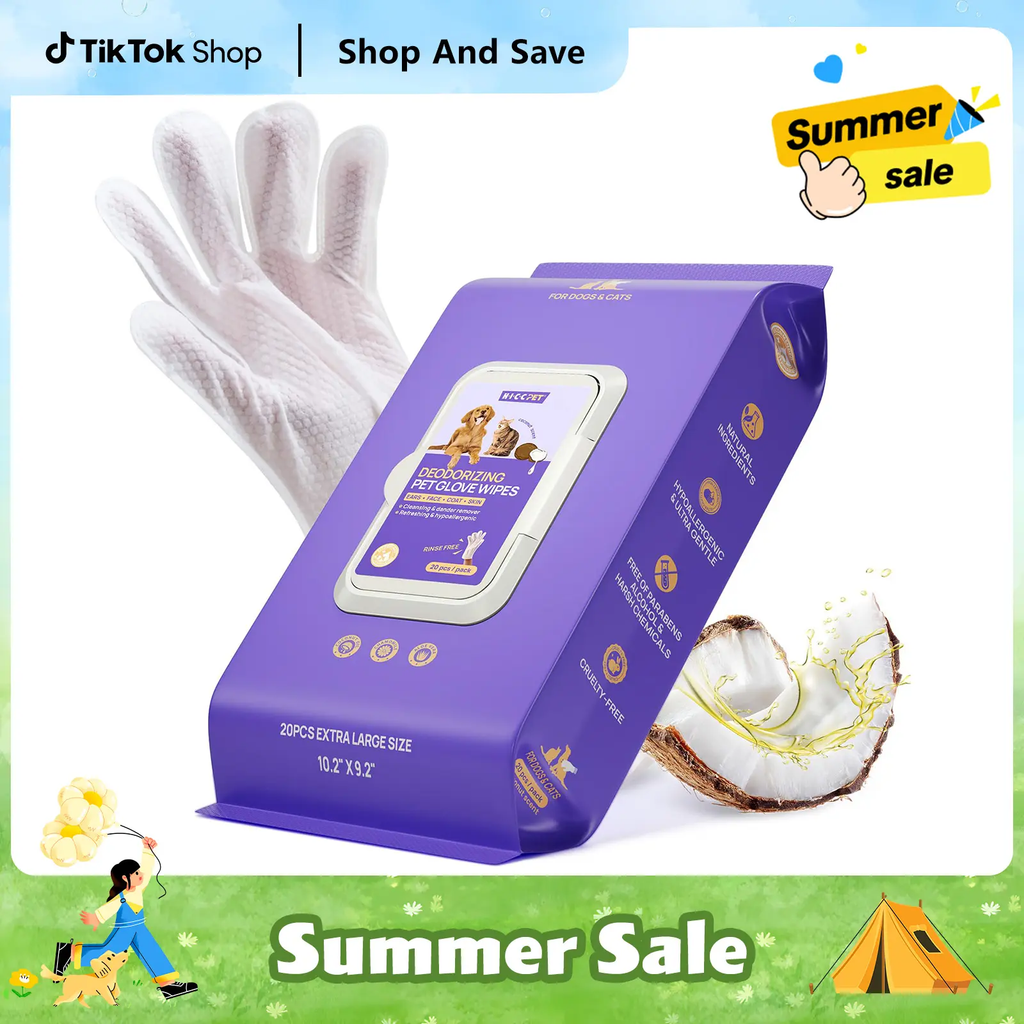 【Summer Sale】HICC PET Disposable Dog Grooming Wipes (20pcs) - Natural, Hypoallergenic, No-Rinse Mess-Free Grooming Wipes with Fermented Oils for Hair Removal, Sticky Hair Control, Deodorizing, Skin Moisture, Paw Care, Outdoor Use